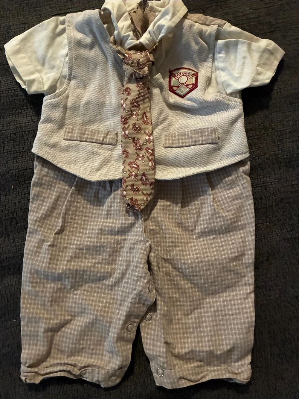 Vintage Boys Golf Romper with tie with checkered pattern